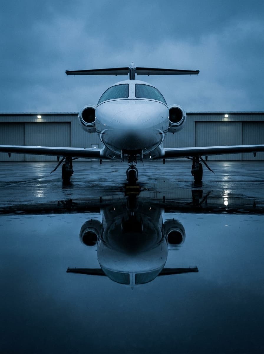 Business jet on wet tarmac after professional detailing