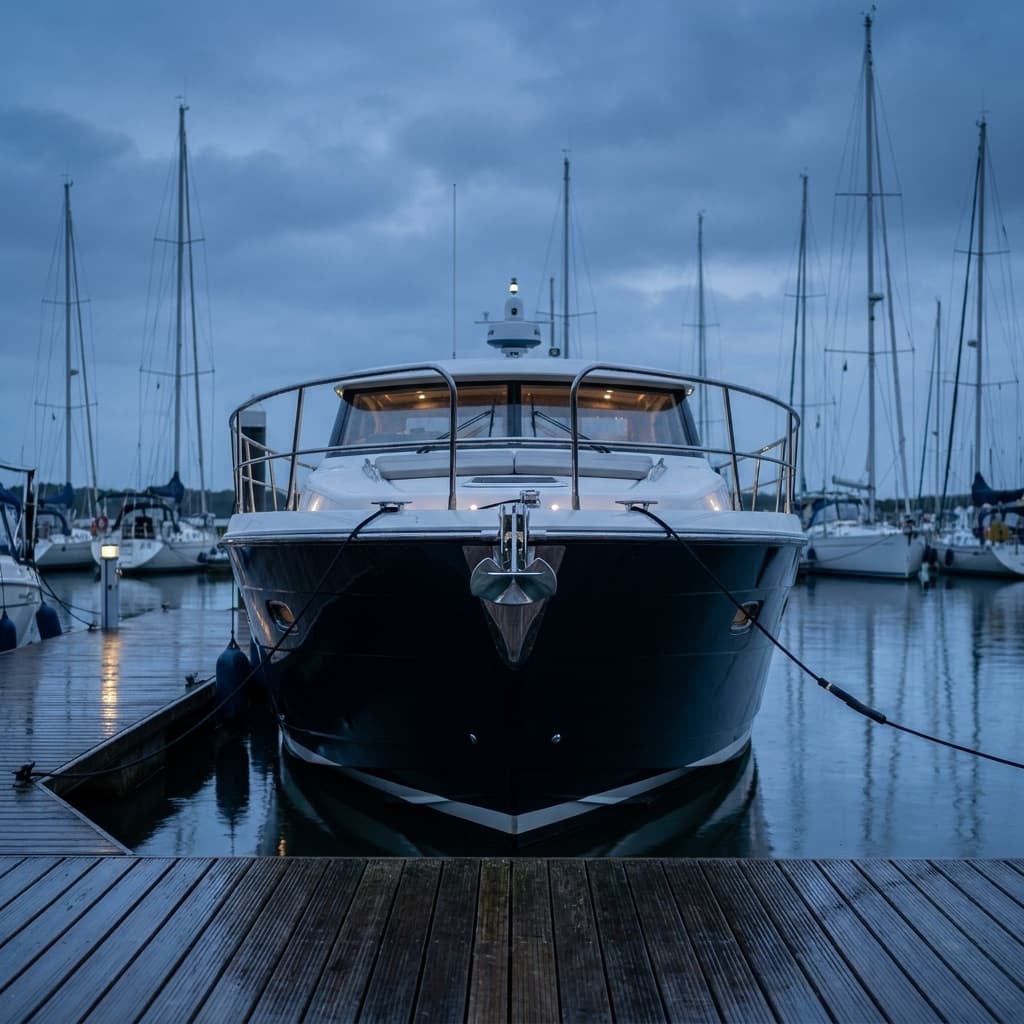 Boat at a marina dock, freshly detailed